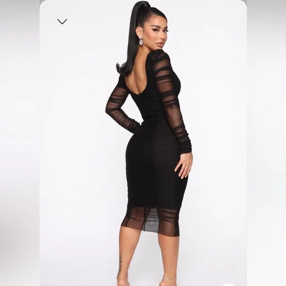 knee length dresses for ladies Pinkblush Black Shimmer Mesh Long Sleeve Ruched Maternity Midi Dress Large main image 1